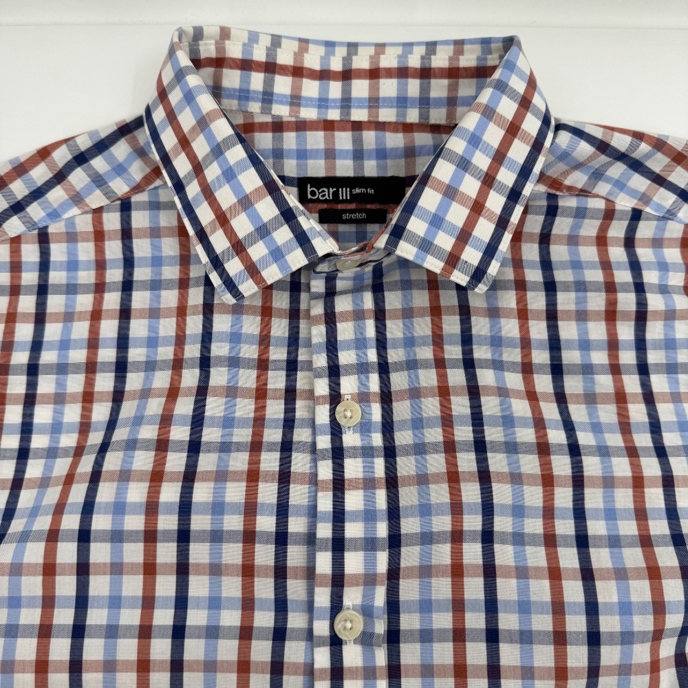 Bar III Shirt Men Medium Blue Brown Long Sleeve Button Up Check Slim Fit Stretch